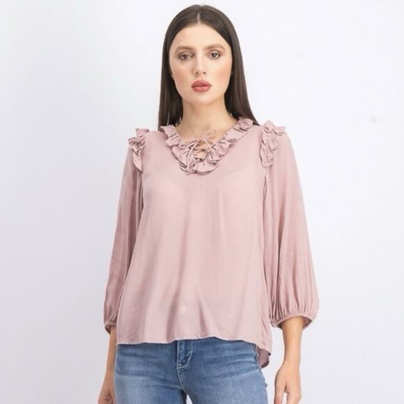 Jessica Simpson Lucia Ruffle Neck Lace Up Blouse Size 2X Mauve Pink 3/4 Sleeve - Picture 1 of 9